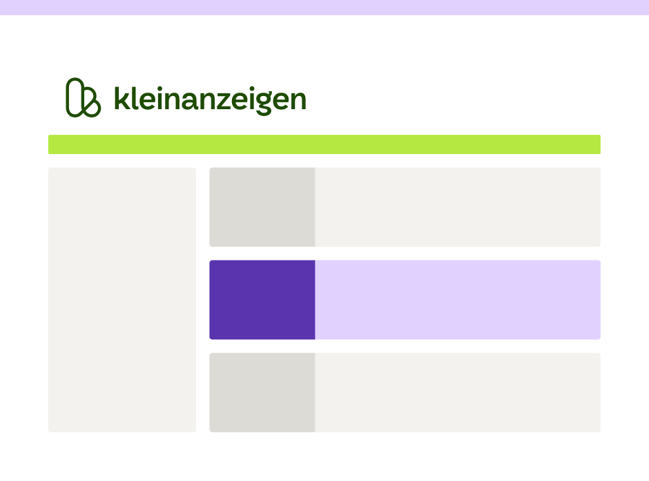 Das Bild zeigt die grafische Darstellung der Oberfläche einer Kleinanzeigen-App mit lila hervorgehobener Anzeige als Symbol für die Hervorhebungsoption als Highlight.