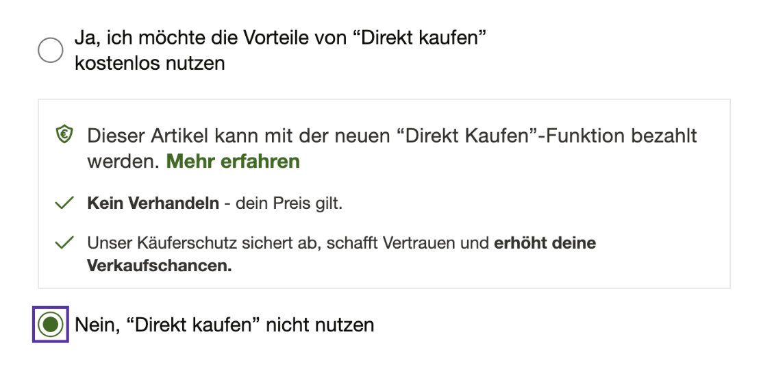 Das Bild zeigt einen Screenshot in Detailaufnahme mit aktiviertem Radio Button der Funktion Nein Direkt Kaufen nicht nutzen
