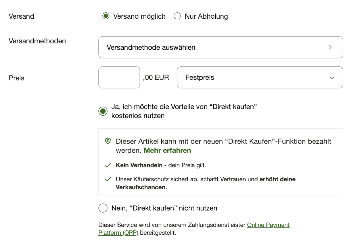 Das Bild zeigt einen Screenshot der Anzeigenerstellung mit voreingestellter Direkt Kaufen Option von Kleinanzeigen per Radio Button