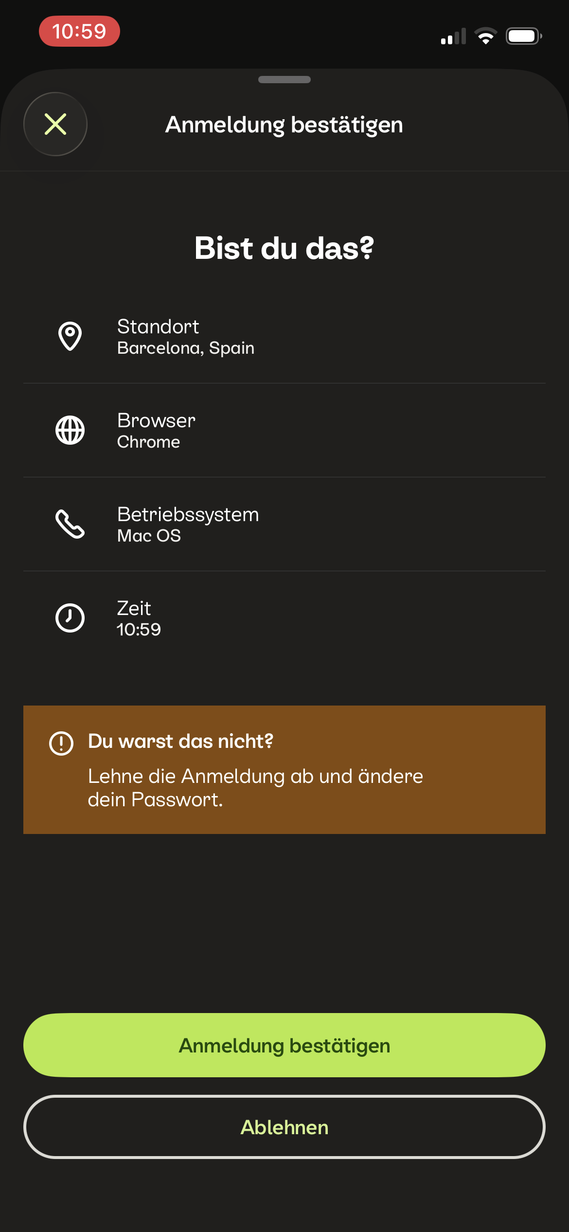Abfrage in der Kleinanzeigen-App mit Angaben zu Ort, Browser, Betriebssystem und Zeitpunkt sowie den Möglichkeiten, die Anmeldung zu bestätigen oder abzulehnen