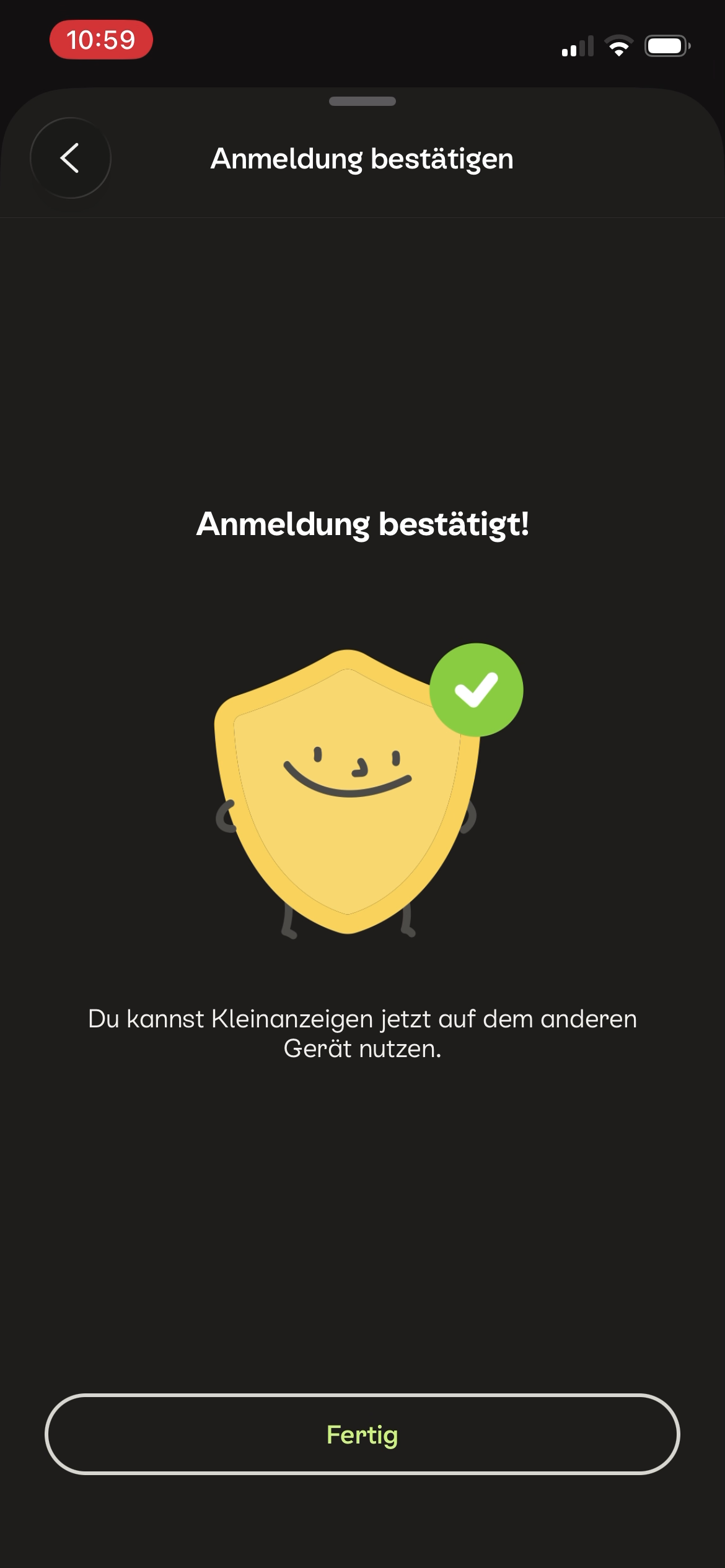 Bestätigung in der Kleinanzeigen-App, dass die Anmeldung auf dem anderen Gerät freigegeben wurde