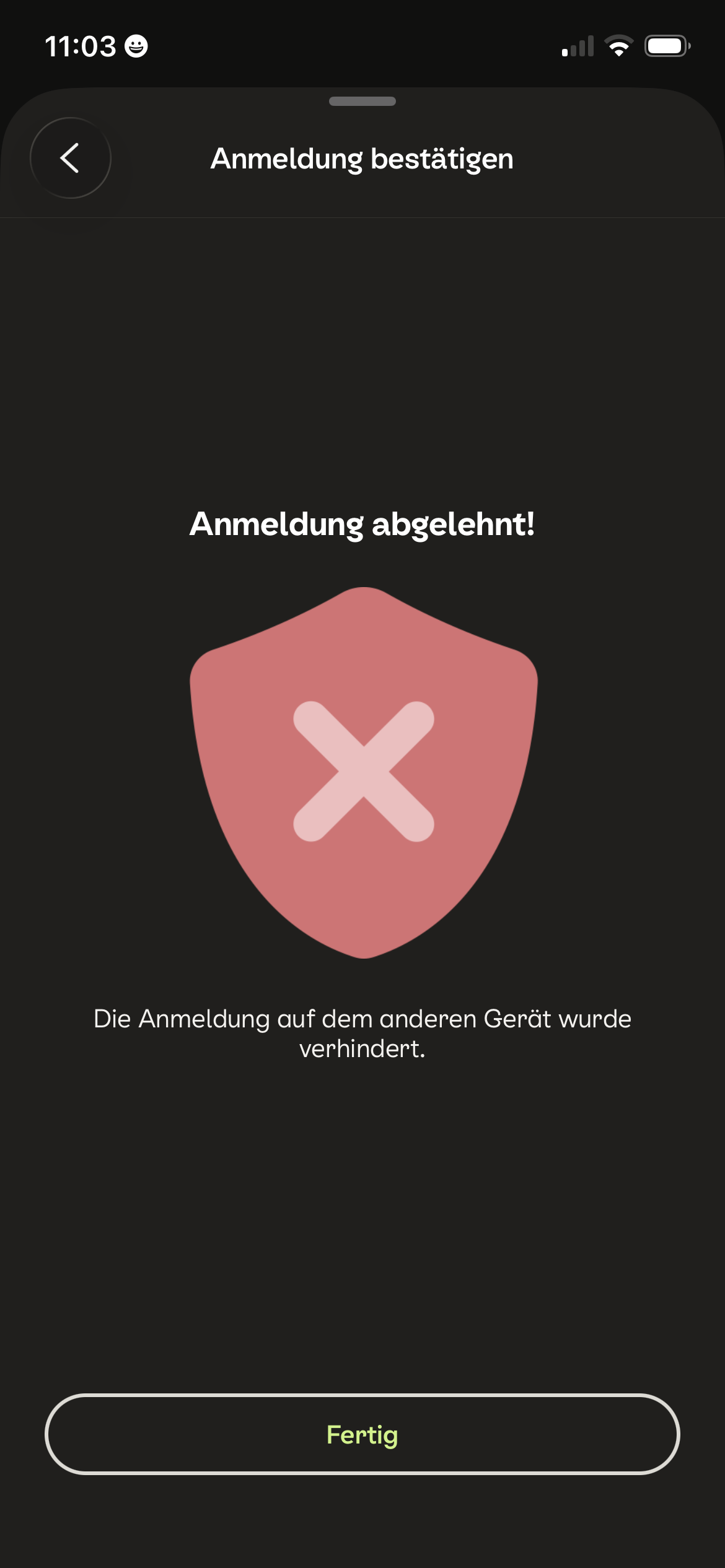 Bestätigung in der Kleinanzeigen-App, dass die Anmeldung abgelehnt und auf dem anderen Gerät verhindert wurde